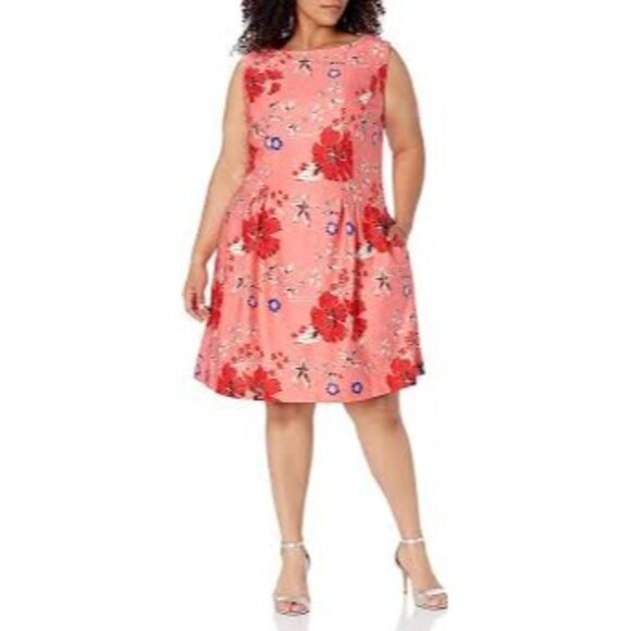 Roz & Ali Coral Floral Print Scuba Fit & Flare Dress w/ Pockets Size 20W 2X Plus - Picture 3 of 9